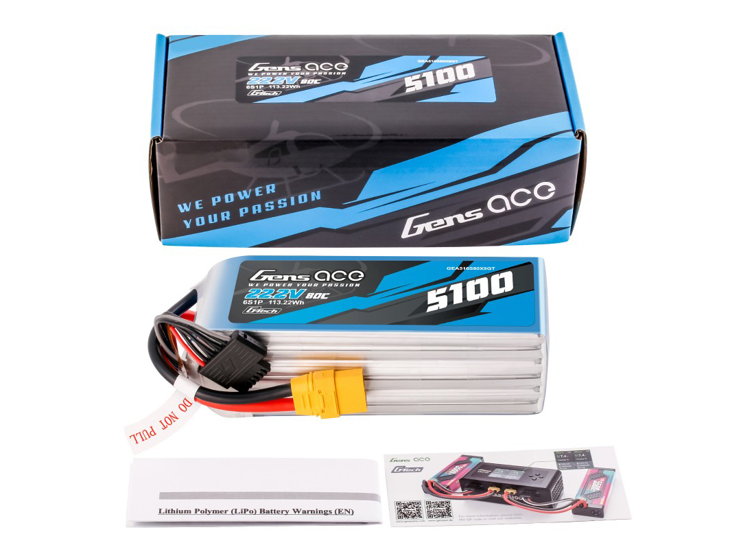 Gens Ace Li-Po G-Tech 6S 22.2V 5100mAh 80C with XT90 O-GT6S5100-80X9 ...