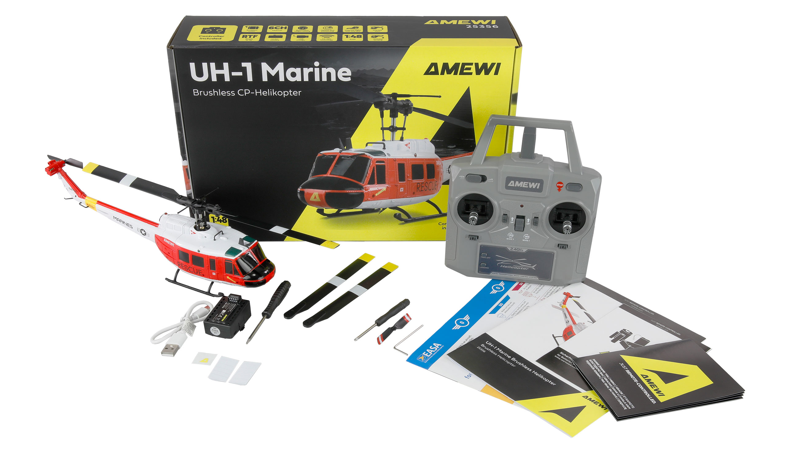 Amewi UH-1 Marine Brushless CP-Helicopter 6-Channel 6G/3D RTF 25356